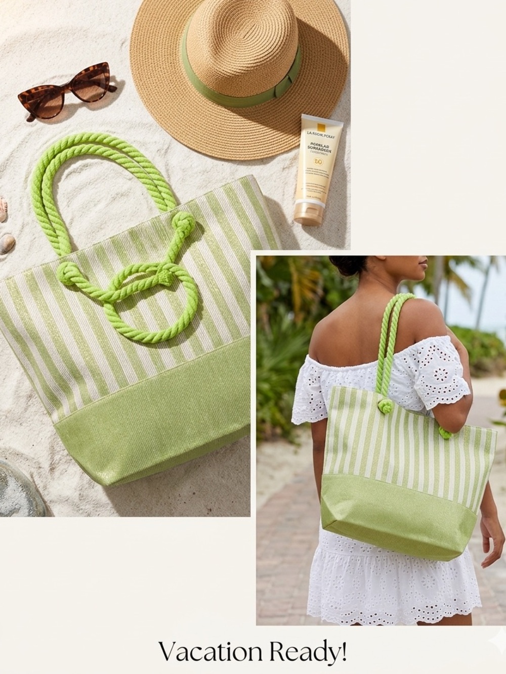 ⛱️ NWT Odiva Green Striped Tote Bag W sparkles has double Rope Handles Brand NEW
